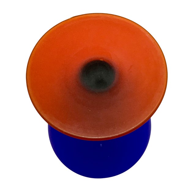 Cobalt Blue Satin Glass Vase With Orange Base - 9" Tall For Sale - Image 10 of 10