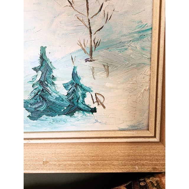 This charming vintage oil painting captures a peaceful rural winter landscape, complete with rolling snow-covered hills,...