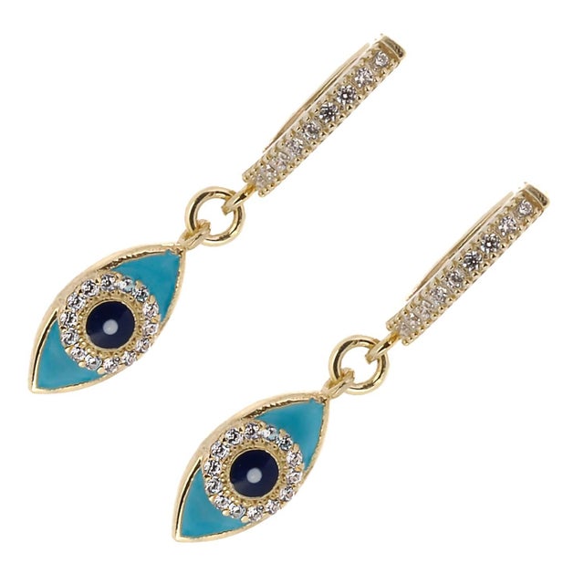 Contemporary Turquoise Sparkly Evil Eye Gold Plated Earrings, A Pair For Sale - Image 3 of 6