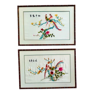Pair Chinese Signed Embroidered Suzhou Silk Framed Paintings For Sale