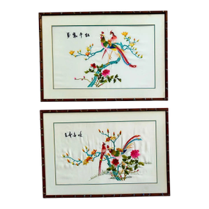 Pair Chinese Signed Embroidered Suzhou Silk Framed Paintings