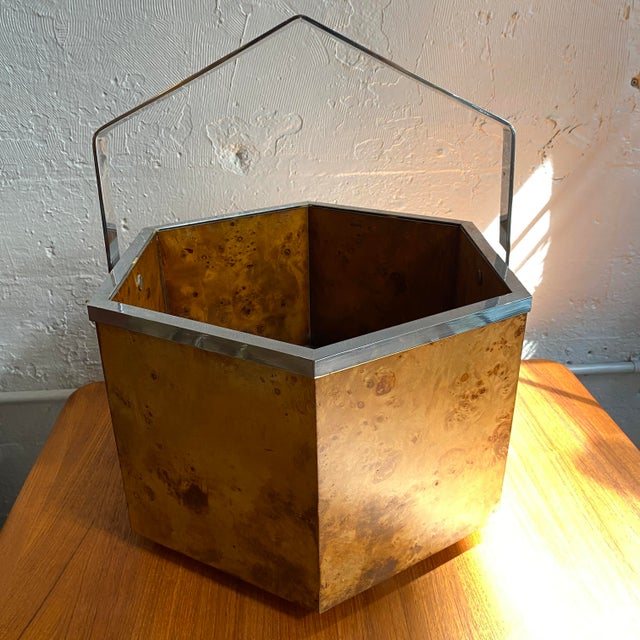 1970s 1970s Modernist Hexagonal Burl Olive Wood Chrome Handle Basket For Sale - Image 5 of 8