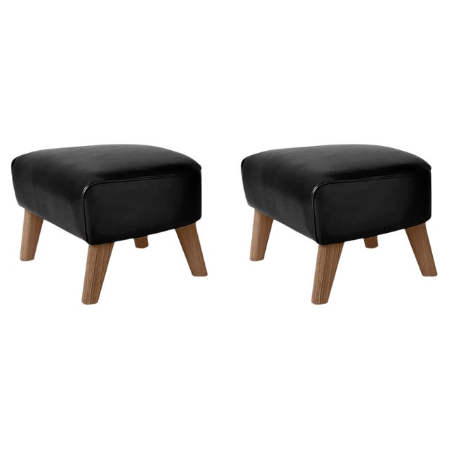 Set of Black Leather and Smoked Oak My Own Chair Footstools by Lassen For Sale