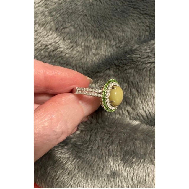 2020s 14k White Gold Diamond & Green Opal Chrome Diopside Cabochon Ring, 8 For Sale - Image 5 of 8