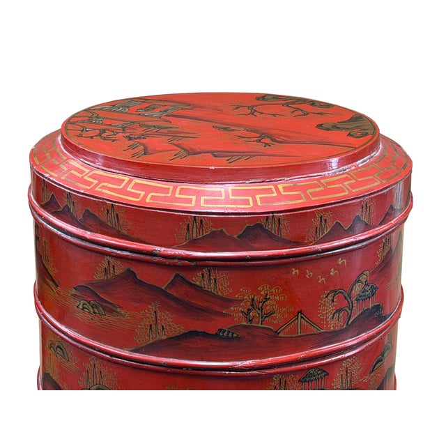 Vintage Chinese Red Golden Scenery Graphic Round Wood Stack Basket Table For Sale - Image 11 of 12