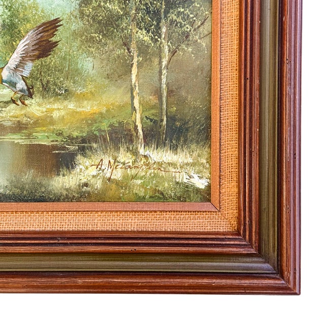 Wood Vintage "Refuge" Original Oil Painting by A. McLaughlin, Mallards in Flight For Sale - Image 7 of 11