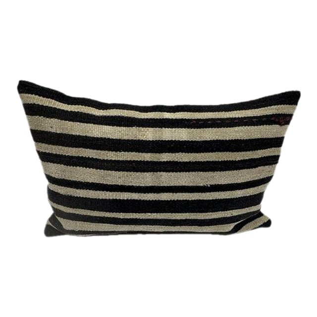 Turkish Hemp Pillow Cushion Natural Beige Black Pillow Cushion Cover 16" x 24" For Sale