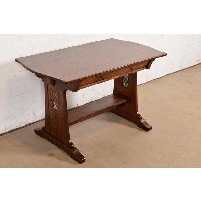 Early 20th Century Limbert Antique Mission Oak Arts & Crafts Turtle Top Writing Desk or Library Table, Newly Refinished For Sale - Image 5 of 14