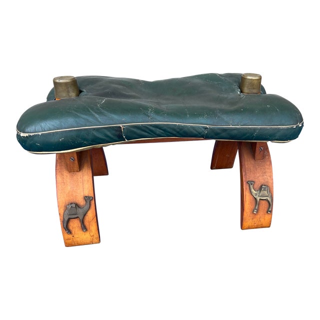 A Vintage Egyptian Camel Footstool/Ottoman, With Green Leather Seat, 1960's For Sale