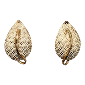 Vintage 1960s Signed Napier Goldtone & White Enamel "Woven" Leaf Clip Earrings-2 Pieces