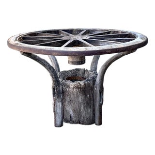 Vintage Primitive Wagon Wheel Dining Table Pedestal For Sale