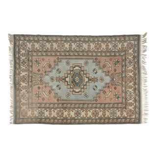 Vintage Turkish Area Rug, Soft Pink and Blue, Handwoven Wool For Sale