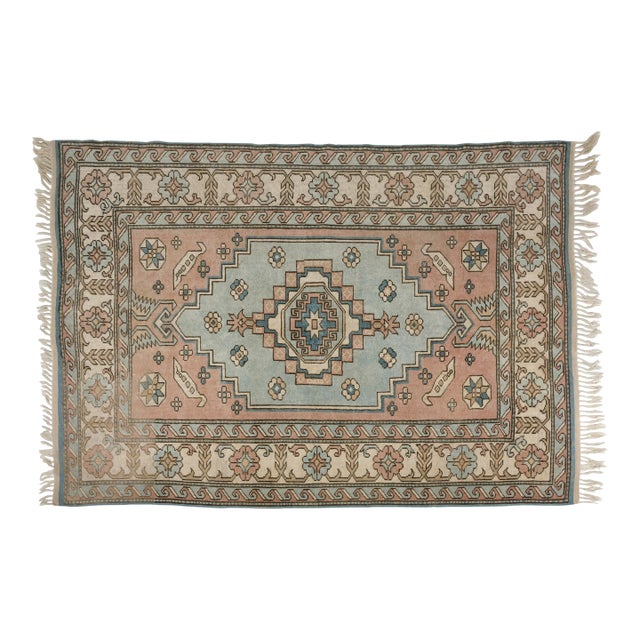 Vintage Turkish Area Rug, Soft Pink and Blue, Handwoven Wool For Sale