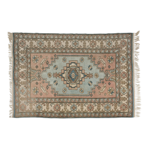 Vintage Turkish Area Rug, Soft Pink and Blue, Handwoven Wool