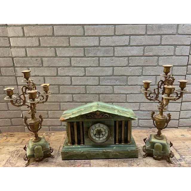 Antique French Neoclassical Green Onyx Garniture Clock Set For Sale - Image 11 of 11