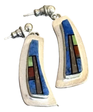 Native American Style Silver Tone/Lapis Geometric Earrings