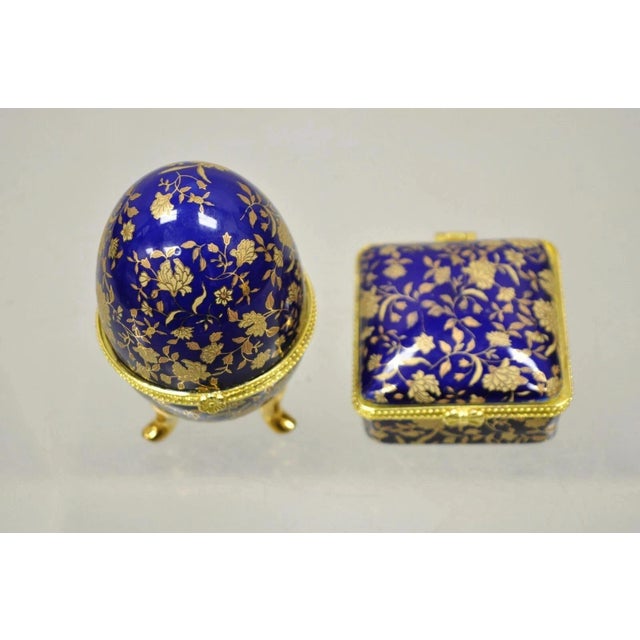 Vintage Cobalt Blue Porcelain Egg Gold Gilt Hinged Lid Candle Trinket Box - 2 Pc For Sale - Image 10 of 12