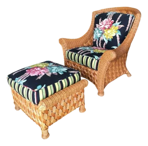 1980s Large "Big Daddy" Woven Wicker Lounge Chair with Matching Ottoman