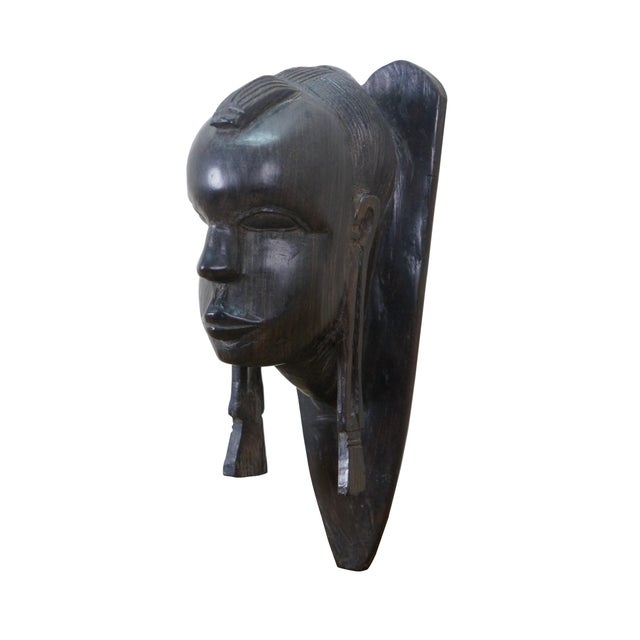 Vintage 20th century hand carved blackwood wall hanging bust - African folk art figure of a face with traditional hair...