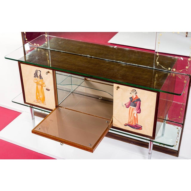Mid Century Mirrored Bar Cabinet Credenza With Asian Motif, Made in Italy For Sale - Image 10 of 15