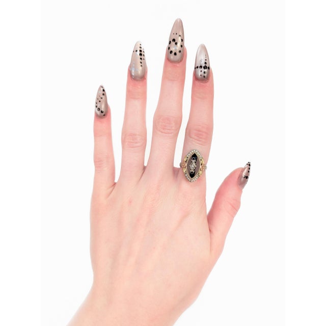 Art Deco 14k Gold, Diamond, Seed Pearl, Rock Crystal, and Onyx Filigree Cocktail Ring For Sale - Image 4 of 11