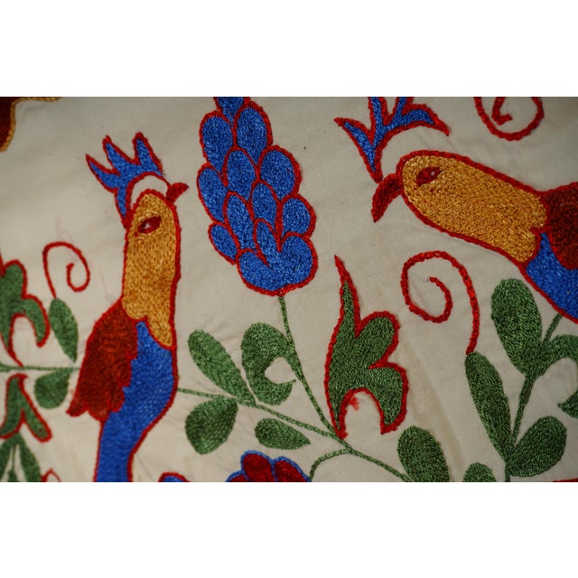 Uzbek Suzani Embroidery | Colorful Bird & Floral Motif Wall Tapestry Art 1'4'' X 3'1'' For Sale In New York - Image 6 of 10