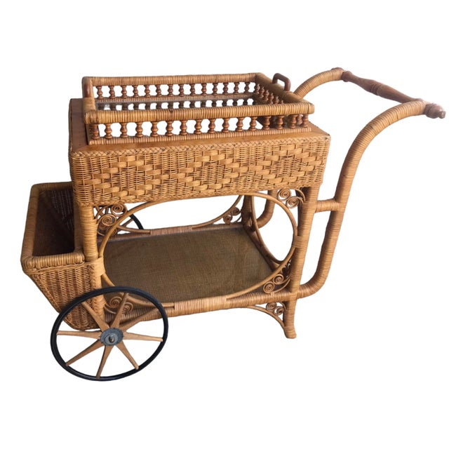 SUPER SALE! Clearing inventory! Early 1900’s Heywood Wakefield Rattan & Cane Serving Cart | Two Tier Removable Tray |...