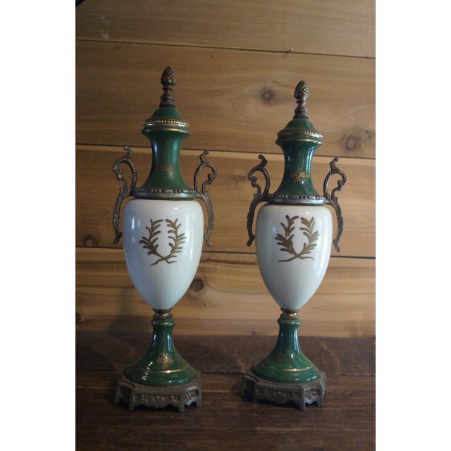 Early 20th Century French Sevres Style Porcelain and Bronze Mantle Urns - A Pair For Sale - Image 11 of 13