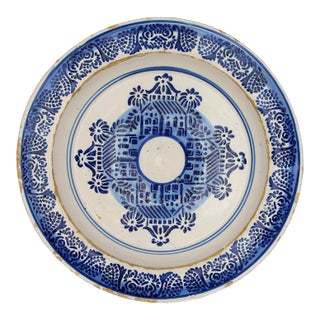 19th Century Portuguese Large Blue and White Wall Plate Depicting Palaces, Earthenware, Faience For Sale