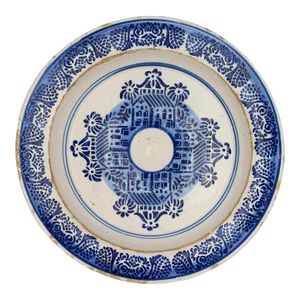 19th Century Portuguese Large Blue and White Wall Plate Depicting Palaces, Earthenware, Faience