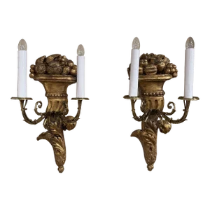 Pair of 19th Century French Louis XVI Carved Giltwood Two-Light Wall Sconces