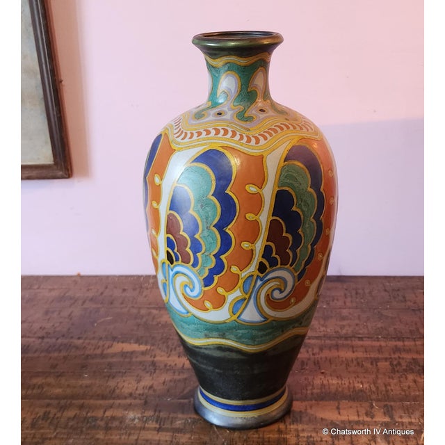 Rare Monumental Antique Art-Nouveau Dutch Holland Large Gouda Pottery Vase #711 c1918. Bulbous form with platformed base...