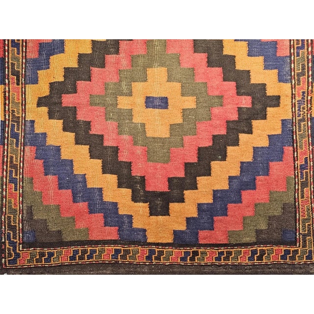 Vintage Persian Sofreh Qashqai Tribal Kilim, Handwoven Wool, Geometric Multicolor Pattern, 4’ X 4’ For Sale - Image 4 of 9