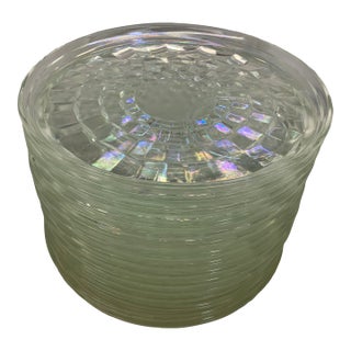 Vintage Federal Glass Moonglow Iridescent Plates Stack - Clear Rainbow Opalescent Whitehall Prism - Set of 15 For Sale