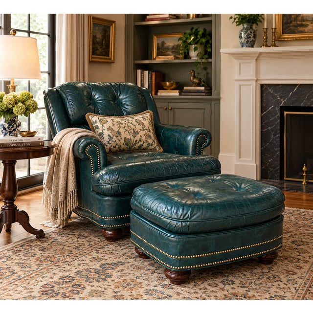 Vintage Thomas-Bain Leather Club Chair & Ottoman Set in Peacock Teal Green | Tufted Traditional Lounge Seating For Sale - Image 18 of 18