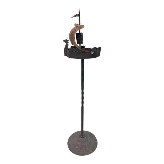 Vintage Wrought Iron Sailing Ship Ashtray on Stand For Sale