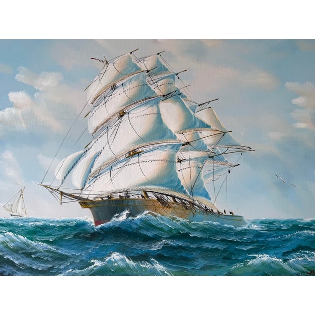 1970s 1970s Vintage Sailing Ship Seascape Oil on Canvas Painting, Framed For Sale - Image 5 of 12