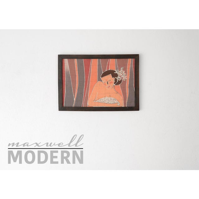 Absolutely gorgeous 1970s-era batik fabric painting of a beautiful bathing nude female. She is covering herself with a...