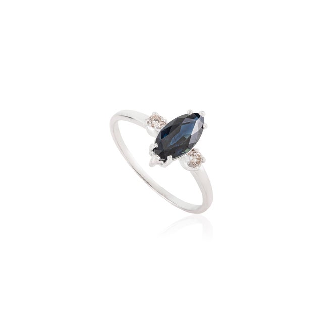 Contemporary Vintage 14k Gold Deep Blue Sapphire & Diamond Navette Ring Size 5 For Sale - Image 3 of 13