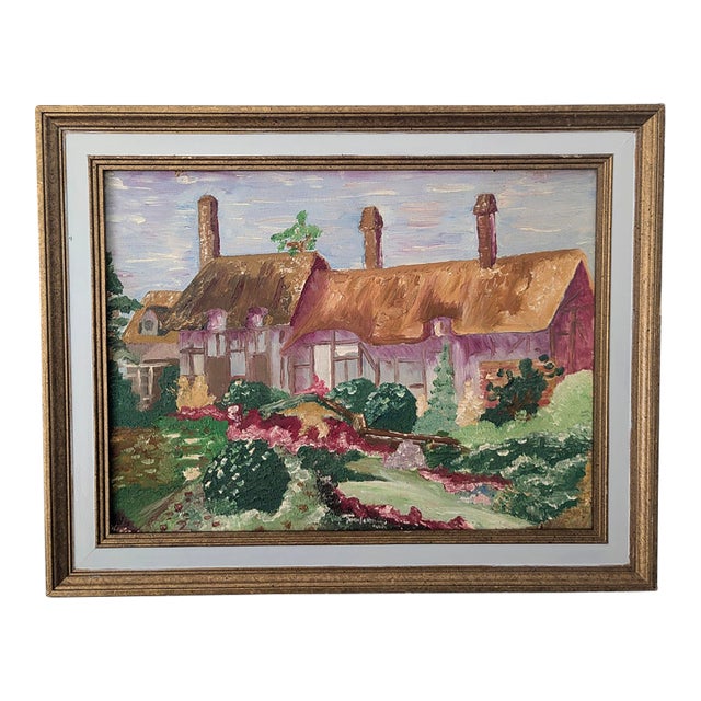 Vintage English Cotswolds Cottage Impressionist Painting Framed For Sale