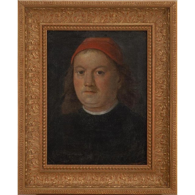 Oil on canvas depicting a refined portrait after Perugino, executed within the historicist tradition that characterized...