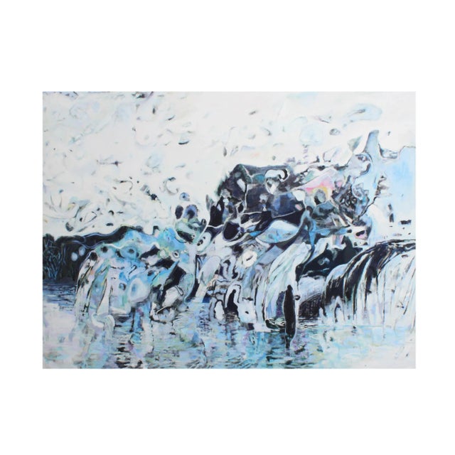 Blue Ronald D. Newman Signed Oil on Canvas "Large Rocky Shore"Abstract Painting For Sale - Image 8 of 8