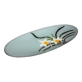 1960s Japanese Mid-Century Modern Hand-Painted Glass Serving Dish Depicting Orchids W/ Protective Case by Mitsukoshi For Sale