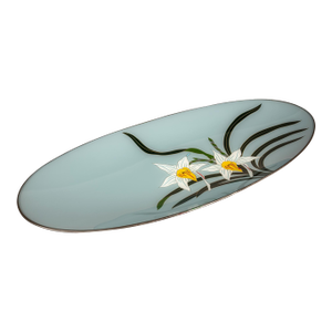 1960s Japanese Mid-Century Modern Hand-Painted Glass Serving Dish Depicting Orchids W/ Protective Case by Mitsukoshi