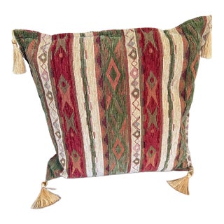 Late 20th Century Kilim Style Striped Chenille Pillow With Gold Tassels For Sale