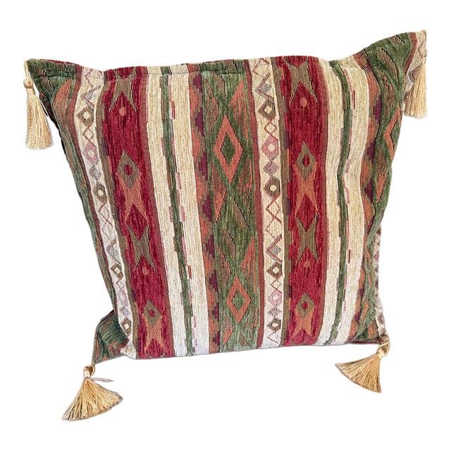 Late 20th Century Kilim Style Striped Chenille Pillow With Gold Tassels For Sale