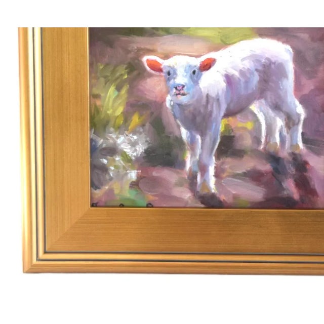 Impressionist white lamb sheep portrait oil painting on artist's canvas panel. Illegible artist's signature on the bottom...