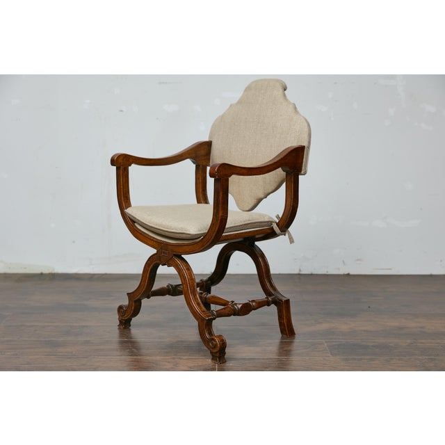 Brown Italian 19th Century Walnut Curule Upholstered Armchair with Carved X-Form Base For Sale - Image 8 of 12