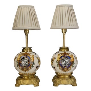 Renaissance Revival Italian Majolica Table Lamps, 1890, Set of 2 For Sale
