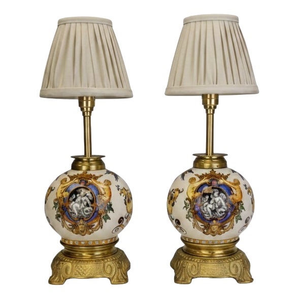 Renaissance Revival Italian Majolica Table Lamps, 1890, Set of 2 For Sale